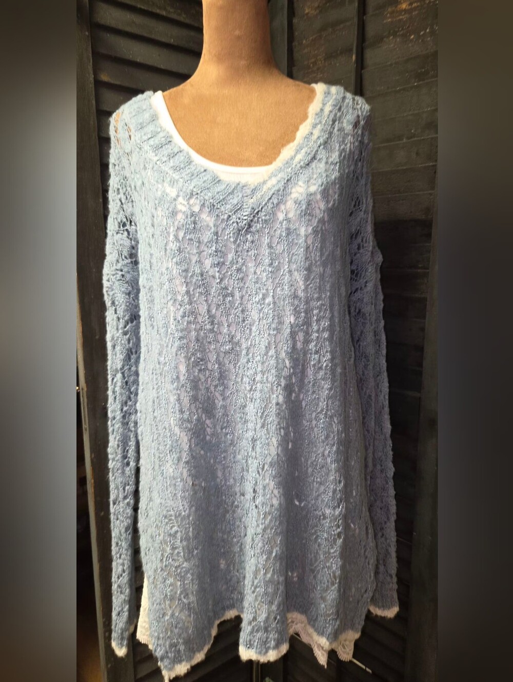 Mystree Pale Blue Open Lace V-Neck Sweater